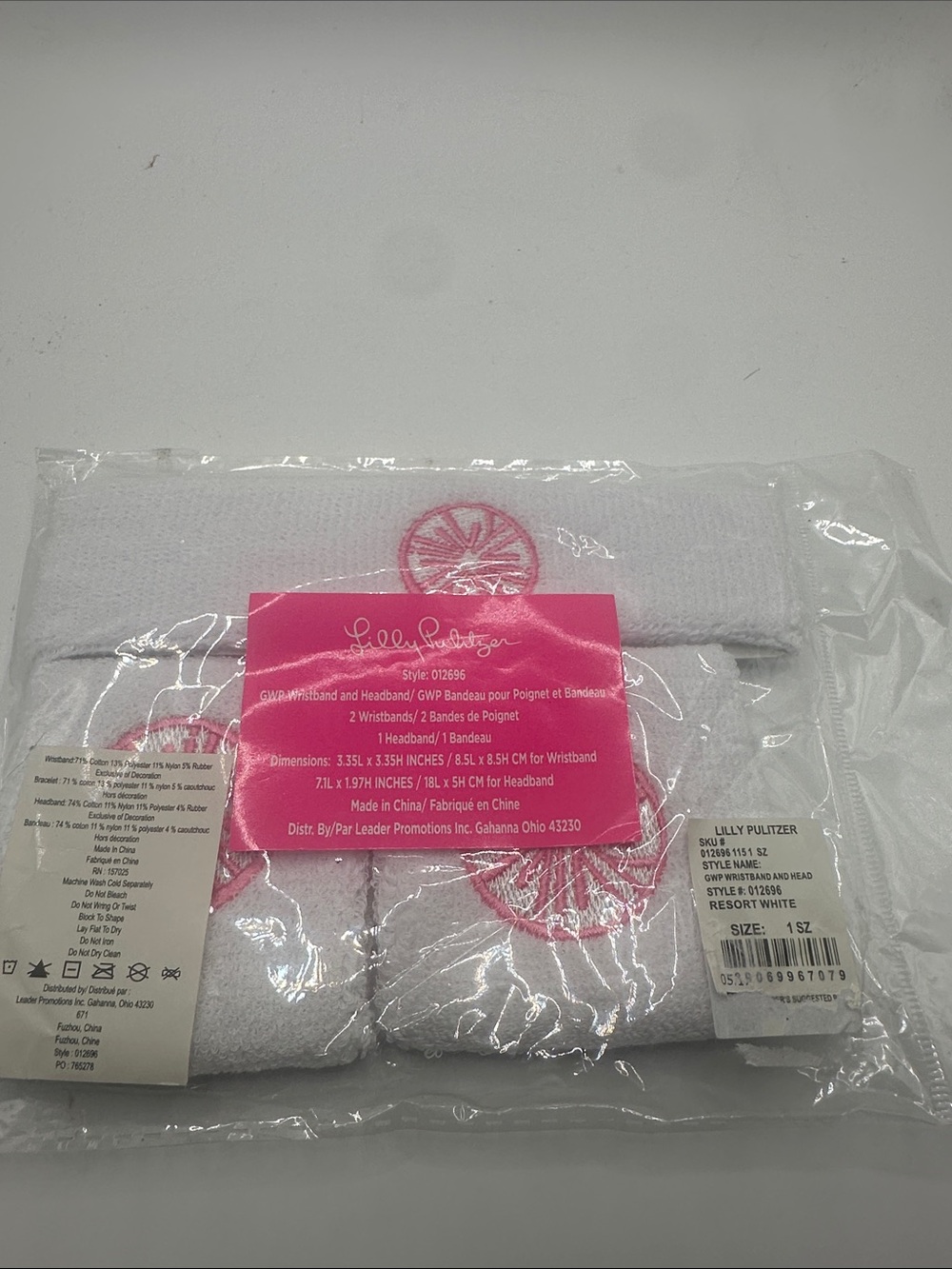 Lilly Pulitzer White Headband & Wristband Set with Pink Embroidery